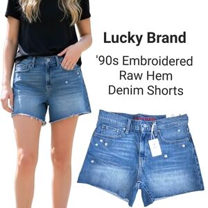 Lucky Brand 90s Midi Embroidered Raw Hem Denim Shorts Size 6/28 Medium Wash NWT
